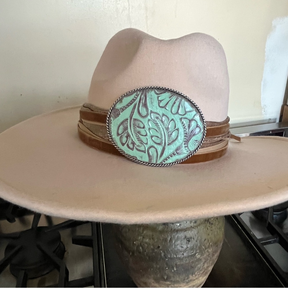 Beige Wide-Brim Hat with Green Embellishment